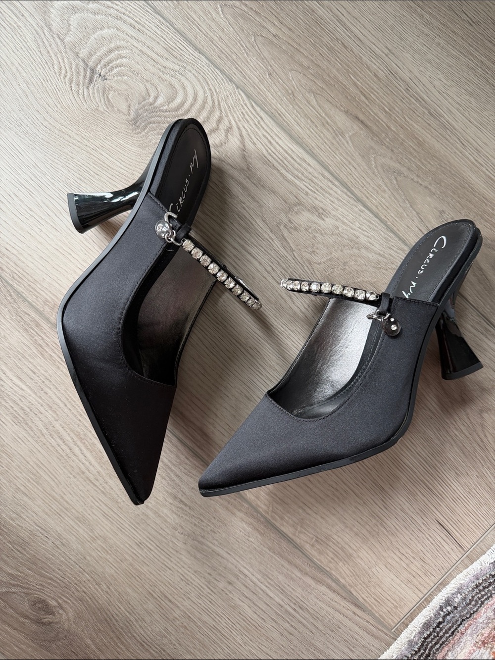 NWOT Satin and rhinestone heeled mules